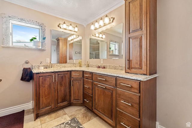 2214 S 1600 E, Preston, ID 83263 - bathroom featuring vanity, ornamental molding, a textured ceiling, and tile patterned floors
