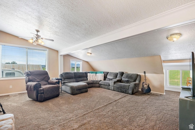 2214 S 1600 E, Preston, ID 83263 - living area with a textured ceiling, lofted ceiling, carpet flooring, and ceiling fan