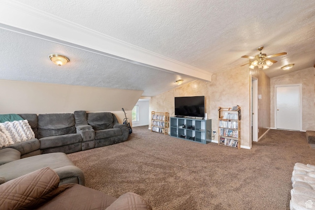 2214 S 1600 E, Preston, ID 83263 - carpeted living area with a textured ceiling, lofted ceiling, and a ceiling fan