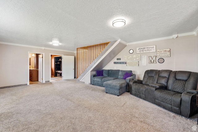 2214 S 1600 E, Preston, ID 83263 - carpeted living area with ornamental molding, a textured ceiling, and stairs