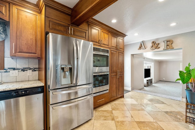 2214 S 1600 E, Preston, ID 83263 - kitchen with appliances with stainless steel finishes, backsplash, brown cabinetry, light stone counters, and recessed lighting