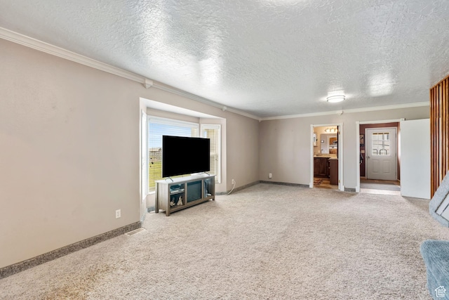 2214 S 1600 E, Preston, ID 83263 - unfurnished living room featuring crown molding, a textured ceiling, and light colored carpet