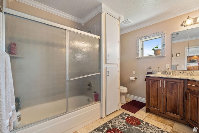 2214 S 1600 E, Preston, ID 83263 - bathroom featuring crown molding, vanity, bath / shower combo with glass door, tile patterned floors, and a textured ceiling