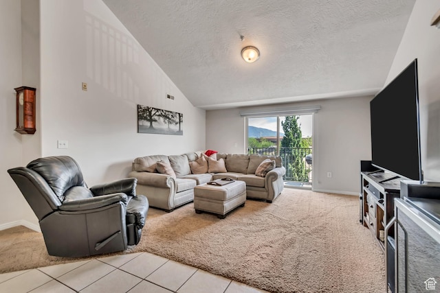 1245 E Privet Dr S Unit B3-427, Cottonwood Heights, UT 84121 - living area with light colored carpet, a textured ceiling, lofted ceiling, and light tile patterned floors
