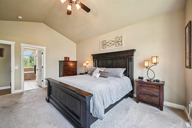 3195 N 1350 W, Pleasant View, UT 84414 - bedroom with light colored carpet, vaulted ceiling, ensuite bath, and a ceiling fan