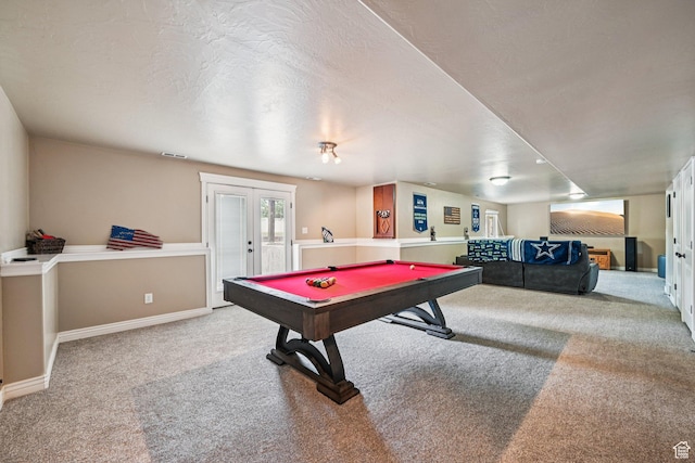3195 N 1350 W, Pleasant View, UT 84414 - game room with carpet floors, french doors, pool table, and a textured ceiling