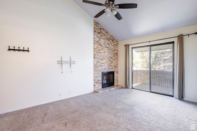 6955 N 2200 W Unit 4E, Park City, UT 84098 - unfurnished living room featuring carpet floors, a ceiling fan, high vaulted ceiling, and a stone fireplace