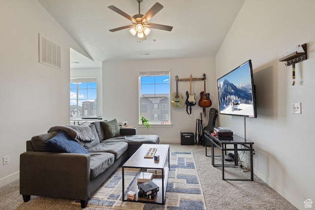 3637 W 1480 N Unit 302, Lehi, UT 84043 - living area with healthy amount of natural light, ceiling fan, carpet flooring, and vaulted ceiling