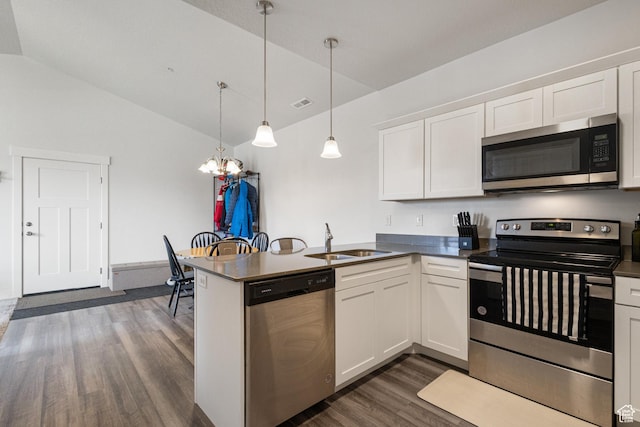 3637 W 1480 N Unit 302, Lehi, UT 84043 - kitchen with stainless steel appliances, lofted ceiling, dark wood-style floors, and dark countertops