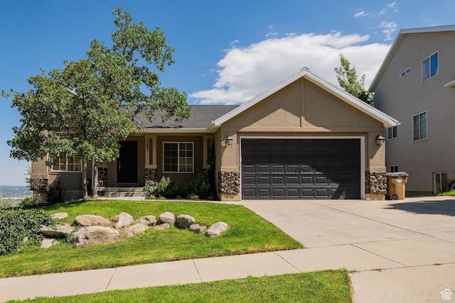 383 E Manti Dr S, Draper, UT 84020 - ranch-style home featuring stucco siding, an attached garage, concrete driveway, and stone siding