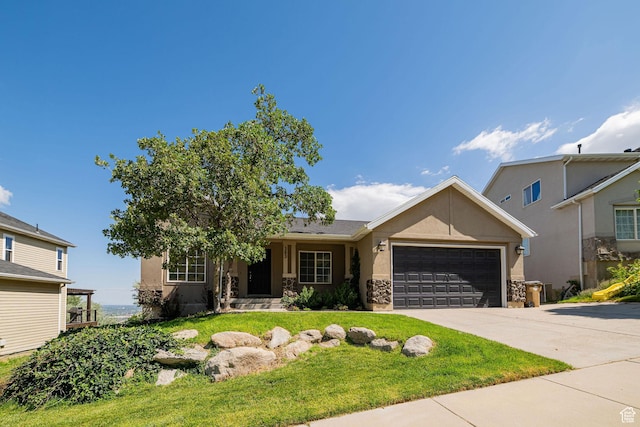 383 E Manti Dr S, Draper, UT 84020 - ranch-style home featuring stucco siding, a garage, concrete driveway, and a front lawn