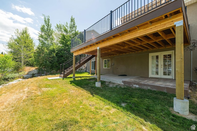 383 E Manti Dr S, Draper, UT 84020 - view of green lawn with french doors, a patio area, stairs, and a wooden deck