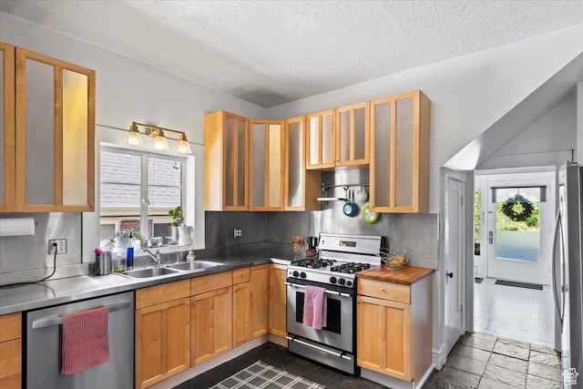 368 S 1100 E, Salt Lake City, UT 84102 - kitchen featuring appliances with stainless steel finishes, a textured ceiling, glass insert cabinets, stone tile flooring, and exhaust hood