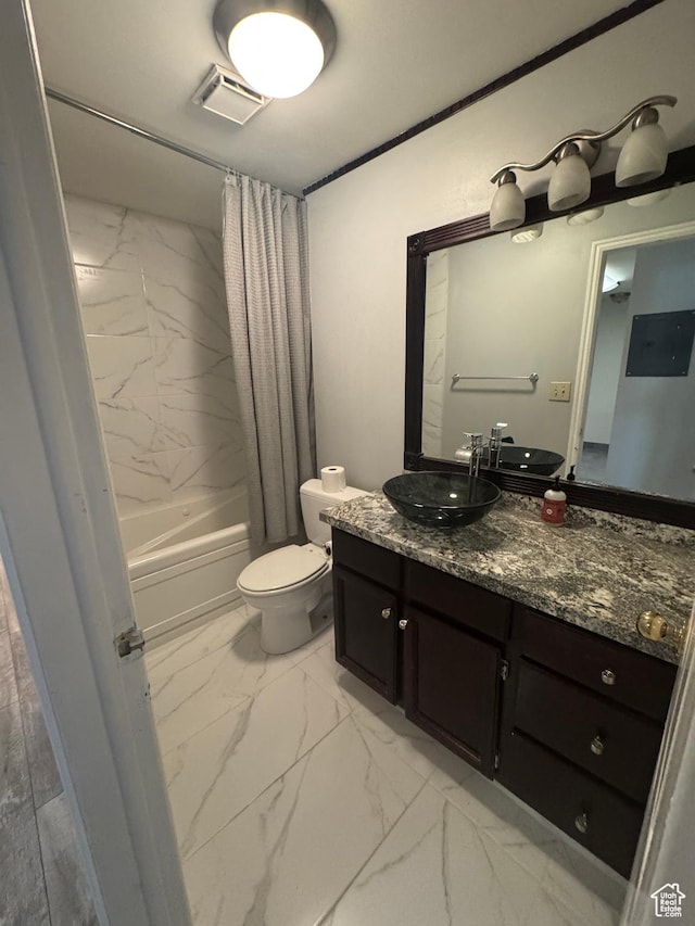 550 400 E Unit 3307, Salt Lake City, UT 84111 - full bathroom featuring marble look tile flooring, vanity, and shower / tub combo with curtain