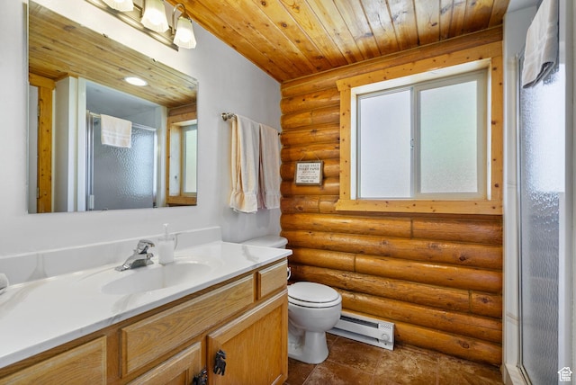 5 Mirror Lake Hwy Unit 5-2, Coalville, UT 84017 - full bathroom featuring vanity, a baseboard radiator, log walls, a shower with door, and wood ceiling