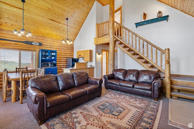 5 Mirror Lake Hwy Unit 5-2, Coalville, UT 84017 - carpeted living area with log walls, high vaulted ceiling, wood ceiling, and stairs