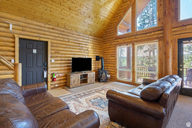 5 Mirror Lake Hwy Unit 5-2, Coalville, UT 84017 - living room featuring high vaulted ceiling, a wood stove, rustic walls, carpet floors, and wood ceiling