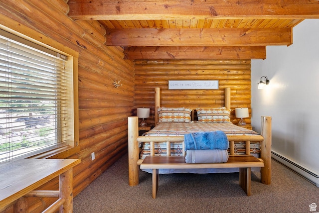 5 Mirror Lake Hwy Unit 5-2, Coalville, UT 84017 - bedroom with a wooden ceiling with exposed beams, a baseboard heating unit, rustic walls, and carpet flooring