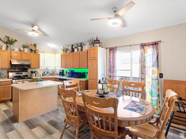 3646 S Elk Point Dr, Magna, UT 84044 - dining room featuring ceiling fan, light wood-style floors, lofted ceiling, and healthy amount of natural light