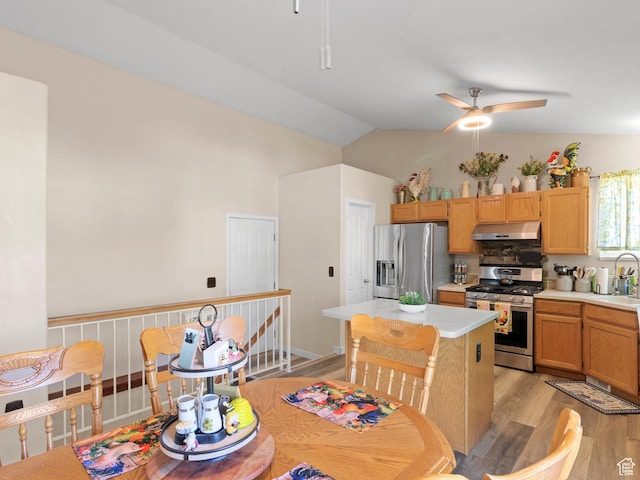 3646 S Elk Point Dr, Magna, UT 84044 - kitchen with stainless steel appliances, under cabinet range hood, light countertops, light wood finished floors, and a ceiling fan