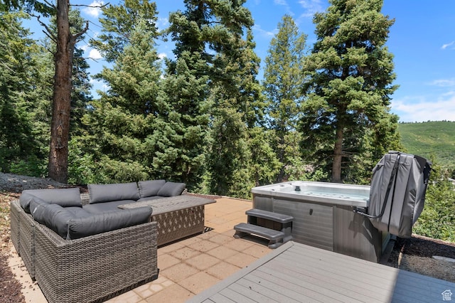 105 S Crestview Cir, Park City, UT 84098 - wooden terrace featuring an outdoor living space, a hot tub, and a patio area