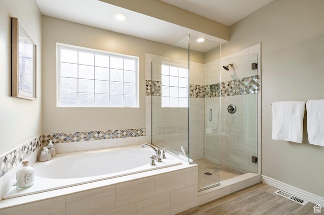 999 S Fairway Cir, Fruit Heights, UT 84037 - full bath with a bath, a shower stall, wood finished floors, and recessed lighting