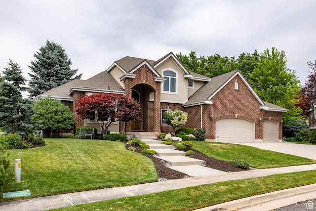 999 S Fairway Cir, Fruit Heights, UT 84037 - traditional-style house featuring brick siding, a front lawn, an attached garage, roof with shingles, and concrete driveway