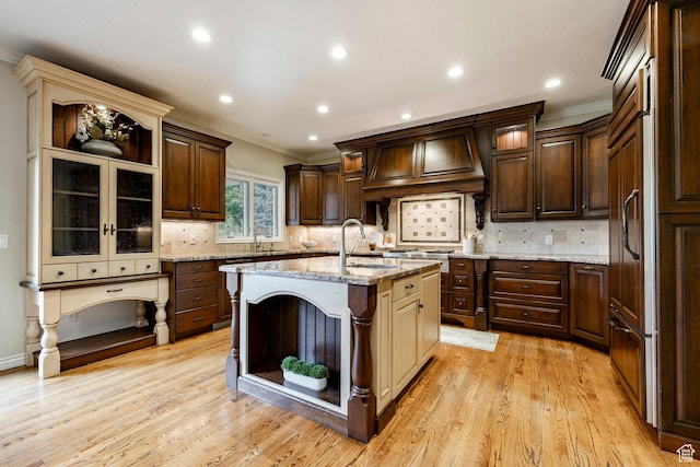 999 S Fairway Cir, Fruit Heights, UT 84037 - kitchen featuring custom exhaust hood, ornamental molding, dark brown cabinets, open shelves, and tasteful backsplash