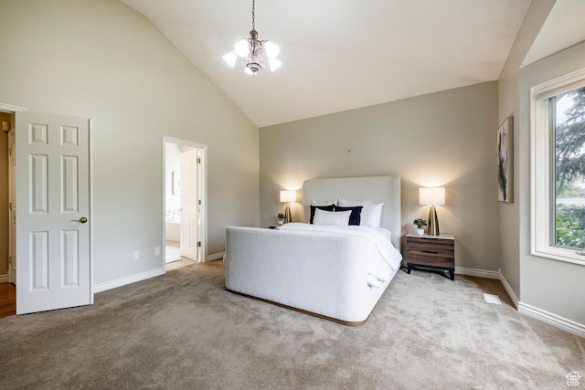 999 S Fairway Cir, Fruit Heights, UT 84037 - bedroom featuring carpet floors, high vaulted ceiling, ensuite bath, and a chandelier