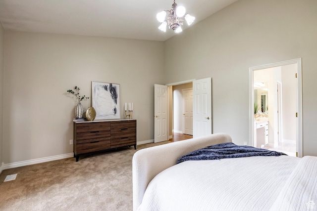 999 S Fairway Cir, Fruit Heights, UT 84037 - bedroom with high vaulted ceiling, a chandelier, carpet floors, and ensuite bathroom