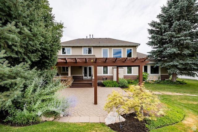 999 S Fairway Cir, Fruit Heights, UT 84037 - back of property with a pergola, a patio, stucco siding, a lawn, and brick siding