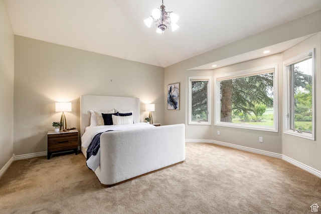 999 S Fairway Cir, Fruit Heights, UT 84037 - bedroom with carpet floors, lofted ceiling, a chandelier, and recessed lighting