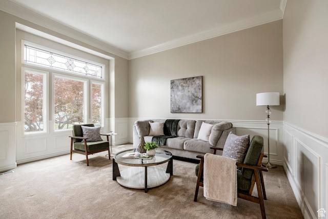 999 S Fairway Cir, Fruit Heights, UT 84037 - living room with plenty of natural light, carpet floors, crown molding, a decorative wall, and wainscoting