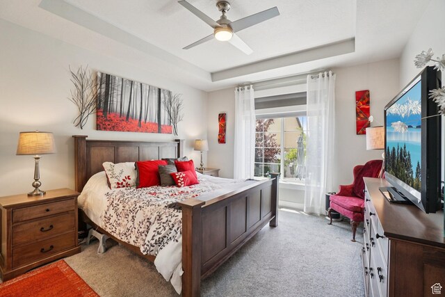 287 S Hayes Well Ln, Saratoga Springs, UT 84045 - bedroom with light colored carpet, a tray ceiling, and ceiling fan