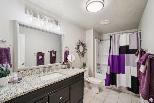 287 S Hayes Well Ln, Saratoga Springs, UT 84045 - bathroom with vanity, shower / bathtub combination with curtain, a textured ceiling, and tile patterned flooring