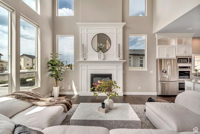 11531 S 840 W, Draper, UT 84020 - living room with a towering ceiling, plenty of natural light, dark wood-style floors, and a glass covered fireplace
