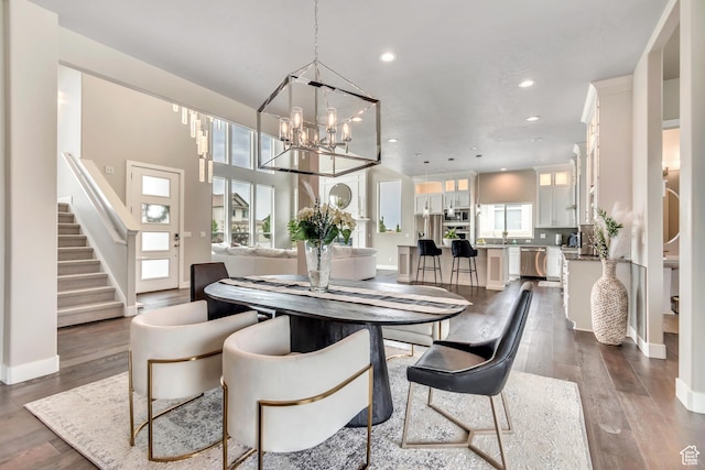 11531 S 840 W, Draper, UT 84020 - dining space with stairs, a chandelier, recessed lighting, and dark wood-style flooring