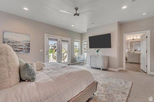 11531 S 840 W, Draper, UT 84020 - bedroom with access to outside, light colored carpet, recessed lighting, ensuite bathroom, and ceiling fan
