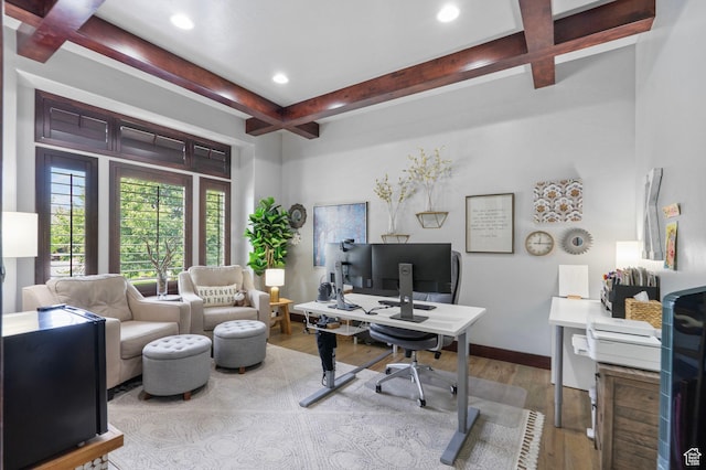 5584 N Gentle Breeze Ct, Stansbury Park, UT 84074 - office area with wood finished floors, coffered ceiling, beam ceiling, and recessed lighting