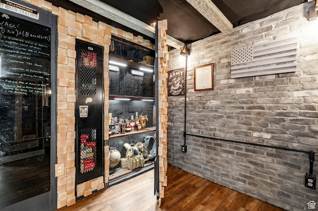 534 E 1400th St S, Bountiful, UT 84010 - wine cellar with wood finished floors, beamed ceiling, and brick wall