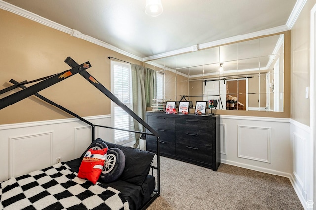 534 E 1400th St S, Bountiful, UT 84010 - bedroom with a decorative wall, crown molding, wainscoting, and carpet