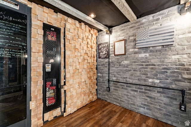 534 E 1400th St S, Bountiful, UT 84010 - wine room with brick wall, beamed ceiling, and wood finished floors