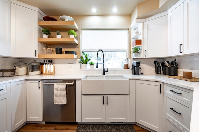 534 E 1400th St S, Bountiful, UT 84010 - kitchen featuring dishwasher, open shelves, recessed lighting, white cabinets, and dark wood-style floors