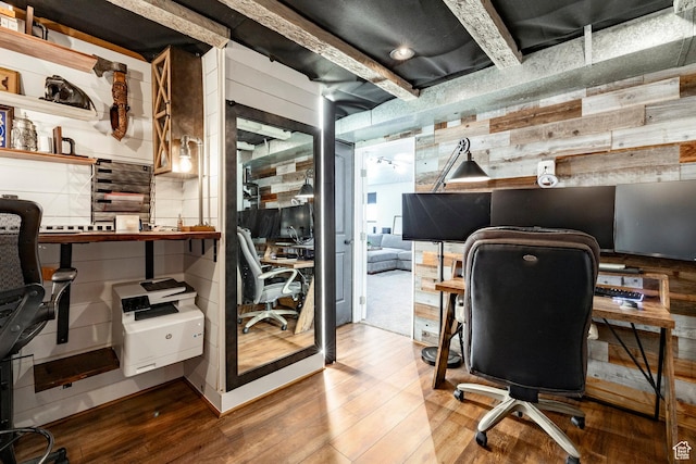 534 E 1400th St S, Bountiful, UT 84010 - office area featuring wood finished floors, wooden walls, and beam ceiling