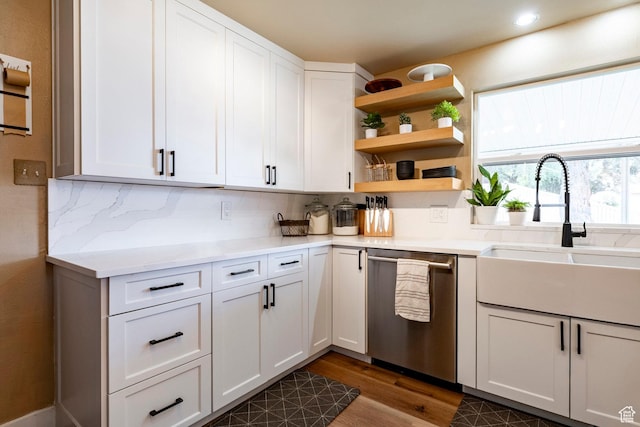 534 E 1400th St S, Bountiful, UT 84010 - kitchen with dishwasher, dark wood-style floors, white cabinets, backsplash, and recessed lighting