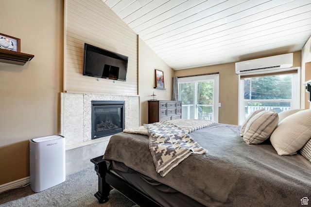 534 E 1400th St S, Bountiful, UT 84010 - bedroom with a wall mounted air conditioner, carpet floors, access to exterior, lofted ceiling, and a tiled fireplace