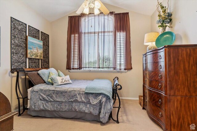 3680 N 2300 E, Layton, UT 84040 - bedroom featuring carpet, vaulted ceiling, multiple windows, and a ceiling fan