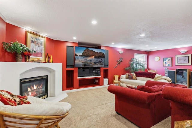 3680 N 2300 E, Layton, UT 84040 - carpeted living room featuring a textured ceiling, recessed lighting, and a glass covered fireplace