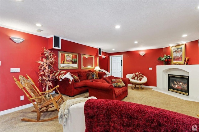 3680 N 2300 E, Layton, UT 84040 - living room featuring carpet floors, recessed lighting, a glass covered fireplace, and a textured ceiling