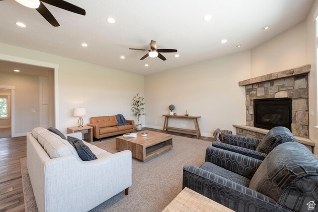 1233 S 2240 E, Heber City, UT 84032 - living room featuring a ceiling fan, recessed lighting, a stone fireplace, and wood finished floors